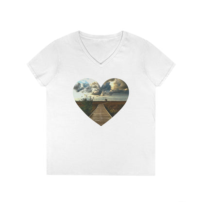 Ladies' Cotton V-Neck T-Shirt • "Boardwalk to Erie" Photo in Heart • 10 color fabric choices