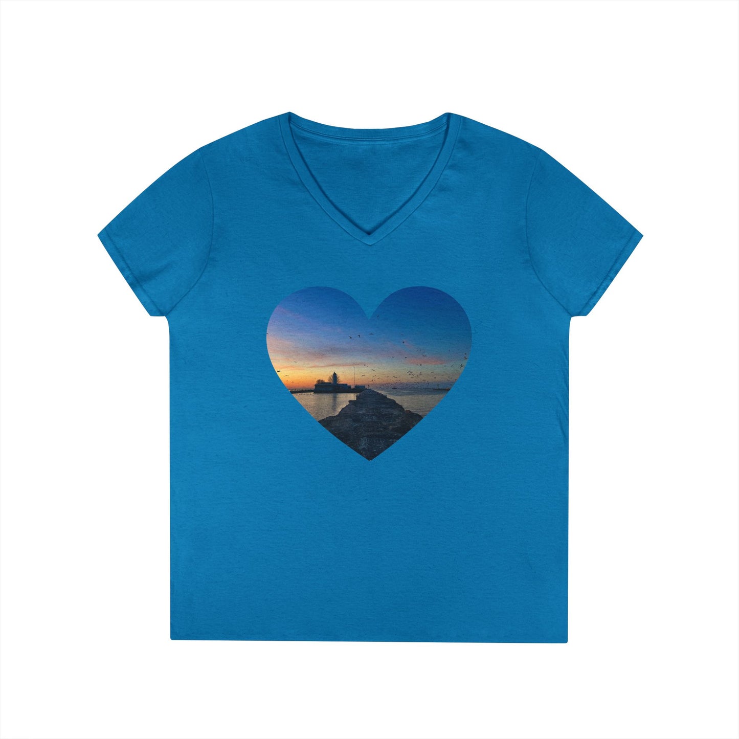 Ladies' Cotton V-Neck T-Shirt • "Breakwater Birds" Photo in Heart • 10 color fabric choices