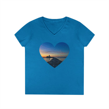 Ladies' Cotton V-Neck T-Shirt • "Breakwater Birds" Photo in Heart • 10 color fabric choices