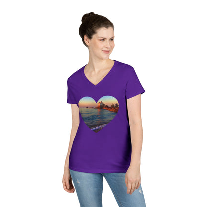 Ladies' Cotton V-Neck T-Shirt • "Lighthouse Glow" Photo in Heart • 10 color fabric choices