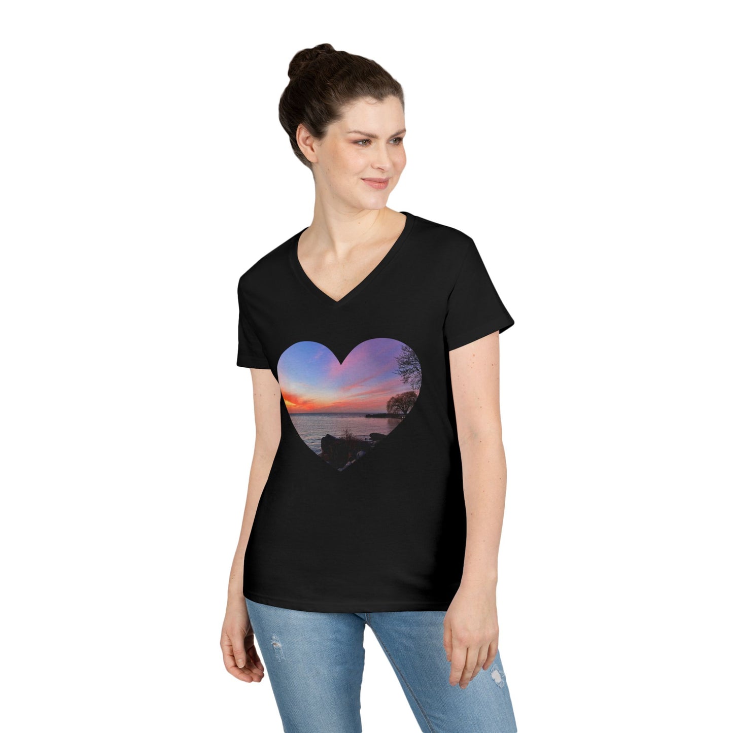 Ladies' Cotton V-Neck T-Shirt • "Sunset Orange" Photo in Heart • 10 color fabric choices