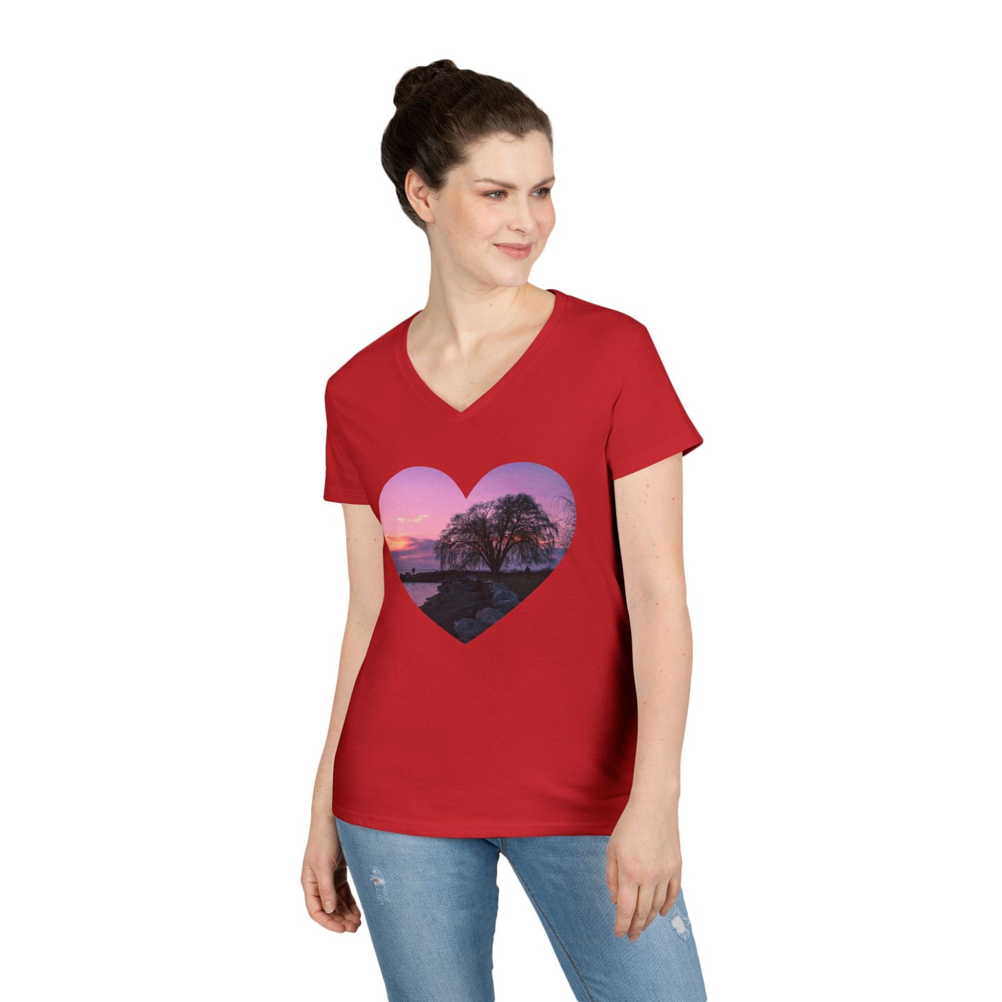 Ladies' Cotton V-Neck T-Shirt • "Willow at Edgewater" Photo in Heart • 10 color fabric choices