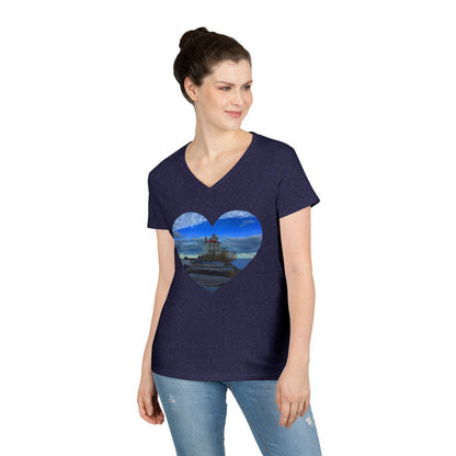 Ladies' Cotton V-Neck T-Shirt • "Breakwater Lighthouse" Photo in Heart • 10 color fabric choices