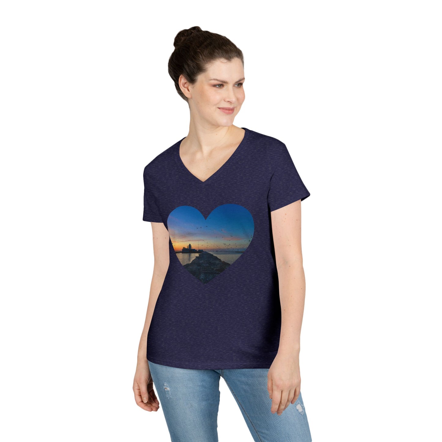 Ladies' Cotton V-Neck T-Shirt • "Breakwater Birds" Photo in Heart • 10 color fabric choices