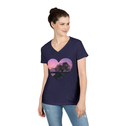Ladies' Cotton V-Neck T-Shirt • "Willow at Edgewater" Photo in Heart • 10 color fabric choices