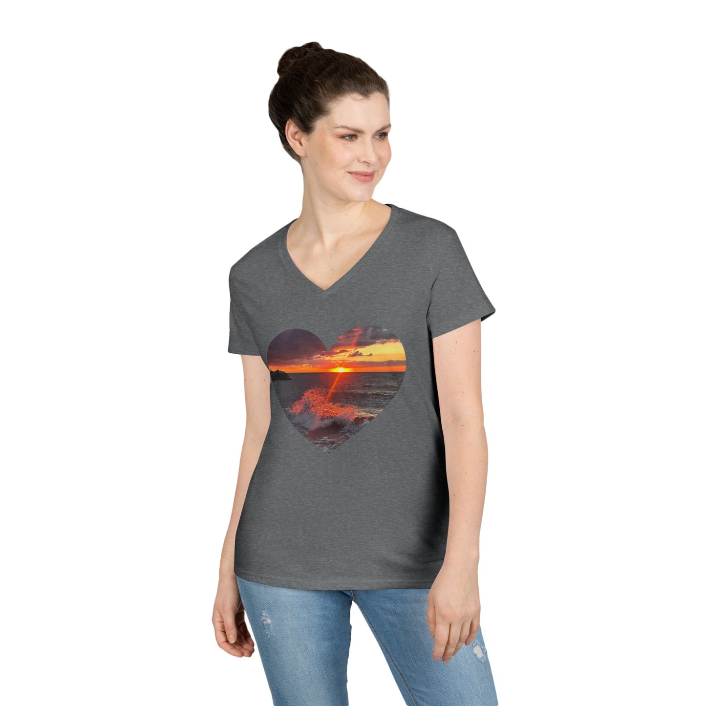 Ladies' Cotton V-Neck T-Shirt • "Fiery Splash at Avon Lake" Photo in Heart • 10 color fabric choices