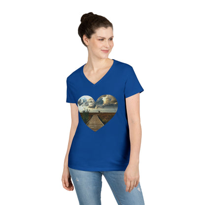 Ladies' Cotton V-Neck T-Shirt • "Boardwalk to Erie" Photo in Heart • 10 color fabric choices