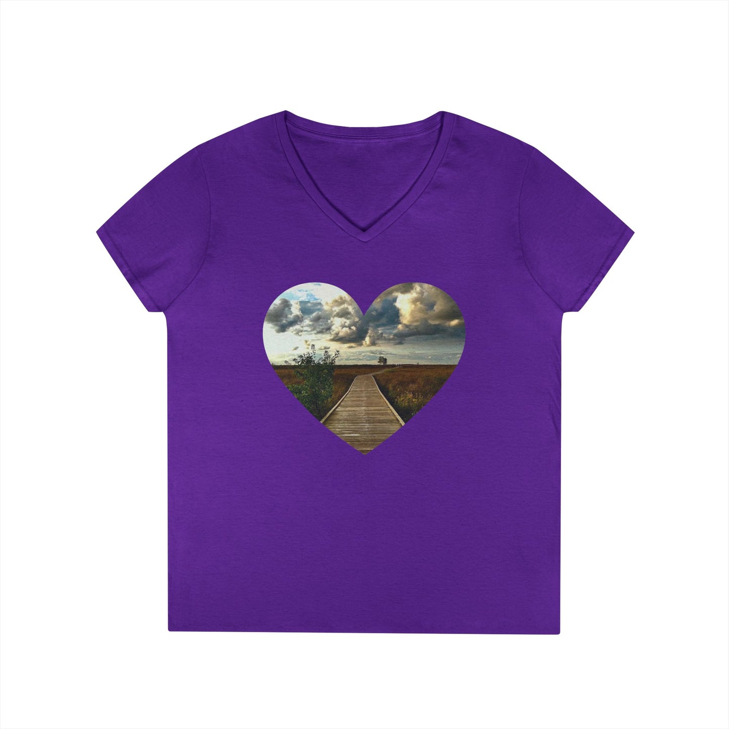 Ladies' Cotton V-Neck T-Shirt • "Boardwalk to Erie" Photo in Heart • 10 color fabric choices