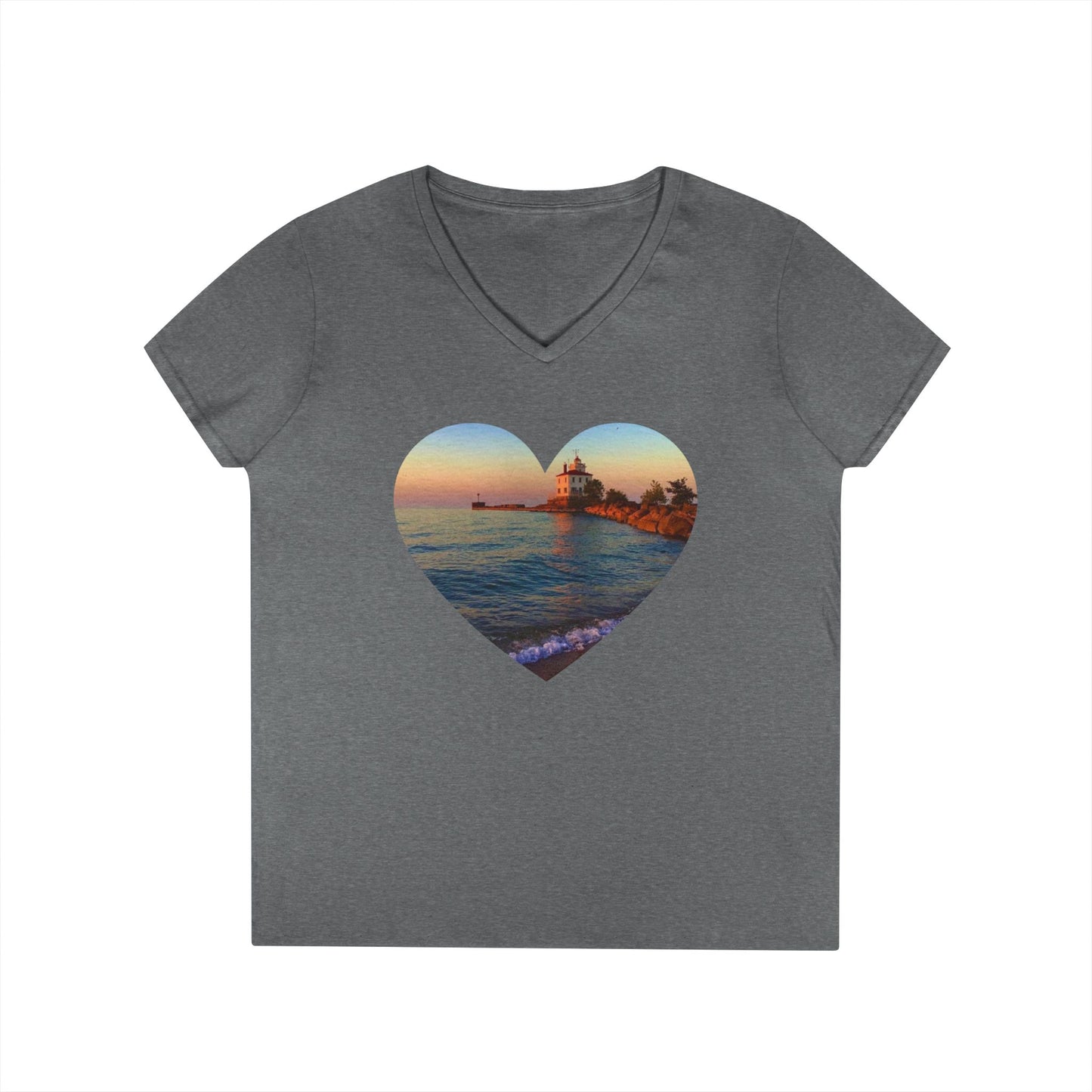 Ladies' Cotton V-Neck T-Shirt • "Lighthouse Glow" Photo in Heart • 10 color fabric choices