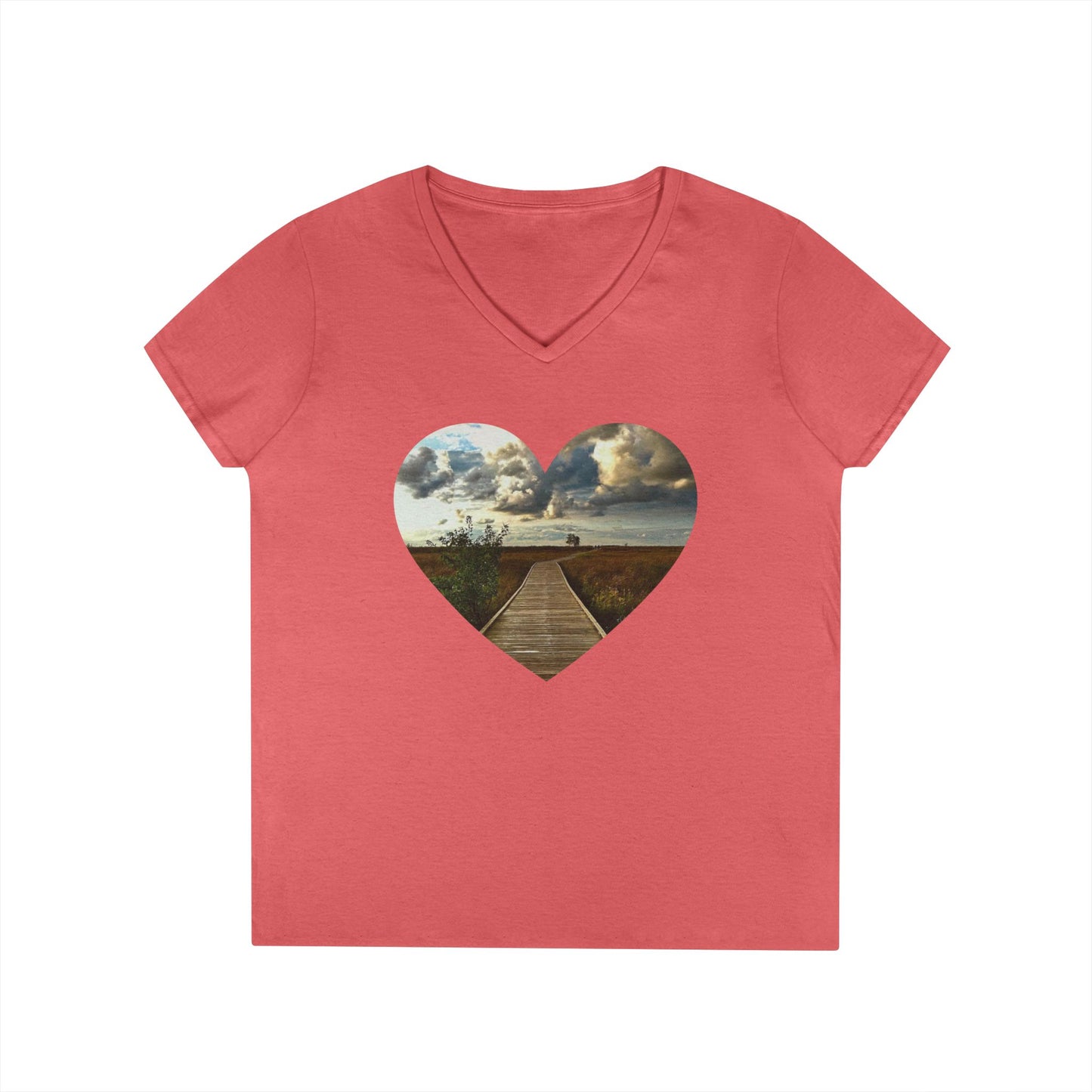 Ladies' Cotton V-Neck T-Shirt • "Boardwalk to Erie" Photo in Heart • 10 color fabric choices