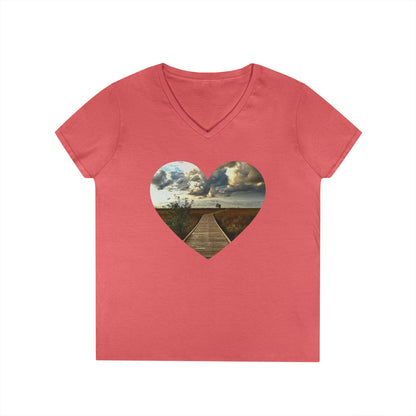 Ladies' Cotton V-Neck T-Shirt • "Boardwalk to Erie" Photo in Heart • 10 color fabric choices