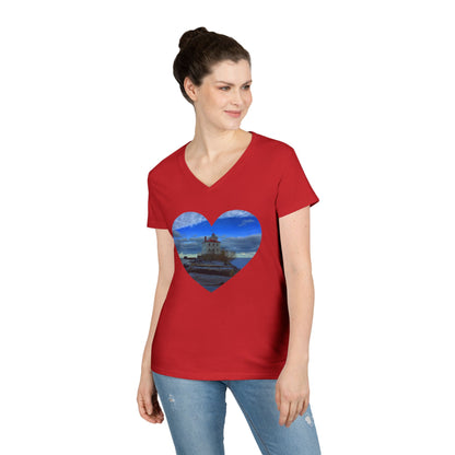 Ladies' Cotton V-Neck T-Shirt • "Breakwater Lighthouse" Photo in Heart • 10 color fabric choices