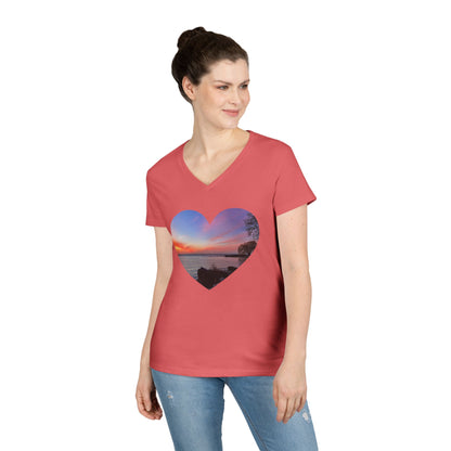 Ladies' Cotton V-Neck T-Shirt • "Sunset Orange" Photo in Heart • 10 color fabric choices