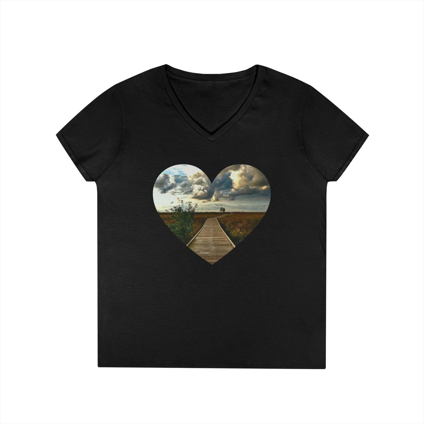 Ladies' Cotton V-Neck T-Shirt • "Boardwalk to Erie" Photo in Heart • 10 color fabric choices