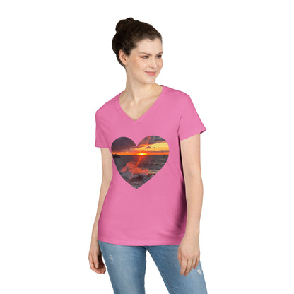 Ladies' Cotton V-Neck T-Shirt • "Fiery Splash at Avon Lake" Photo in Heart • 10 color fabric choices