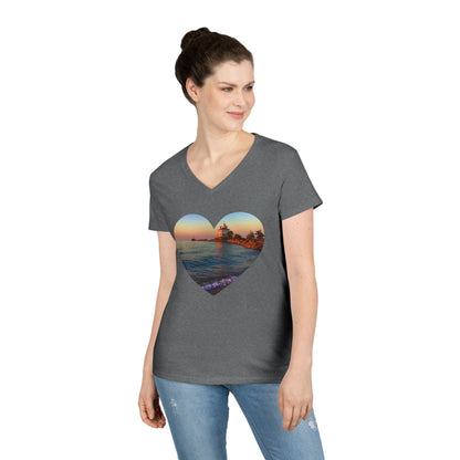 Ladies' Cotton V-Neck T-Shirt • "Lighthouse Glow" Photo in Heart • 10 color fabric choices