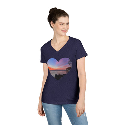 Ladies' Cotton V-Neck T-Shirt • "Sunset Orange" Photo in Heart • 10 color fabric choices