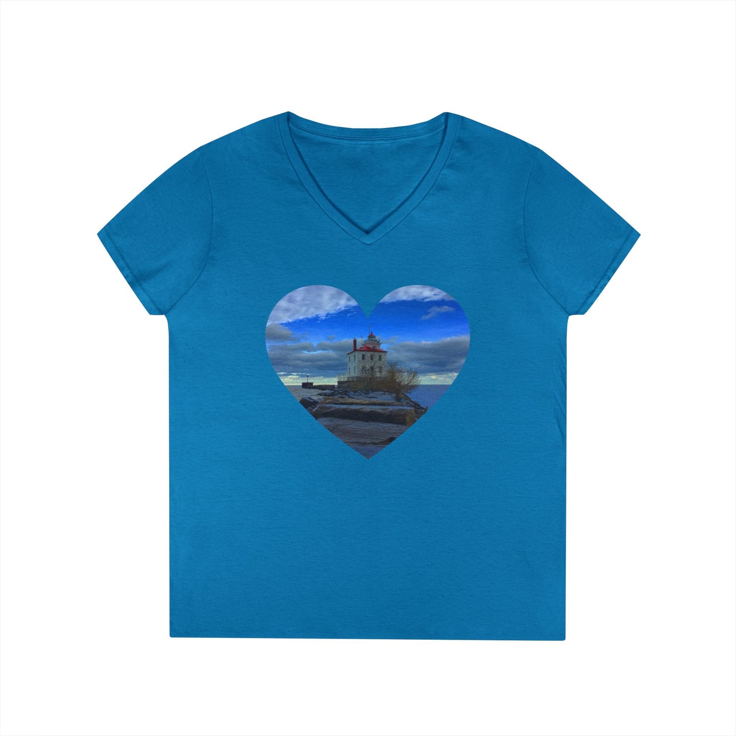 Ladies' Cotton V-Neck T-Shirt • "Breakwater Lighthouse" Photo in Heart • 10 color fabric choices