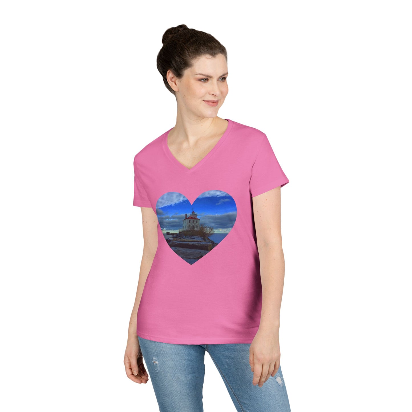 Ladies' Cotton V-Neck T-Shirt • "Breakwater Lighthouse" Photo in Heart • 10 color fabric choices