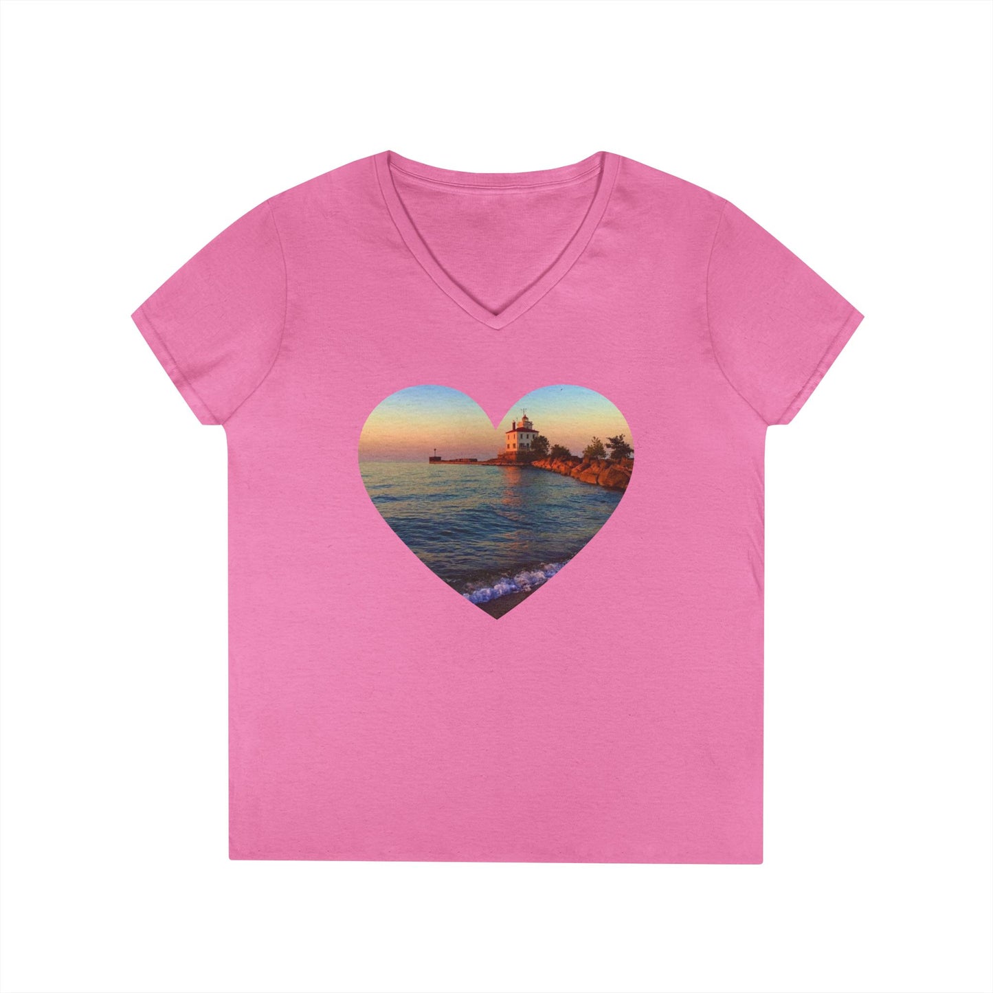 Ladies' Cotton V-Neck T-Shirt • "Lighthouse Glow" Photo in Heart • 10 color fabric choices