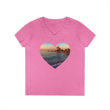 Ladies' Cotton V-Neck T-Shirt • "Lighthouse Glow" Photo in Heart • 10 color fabric choices