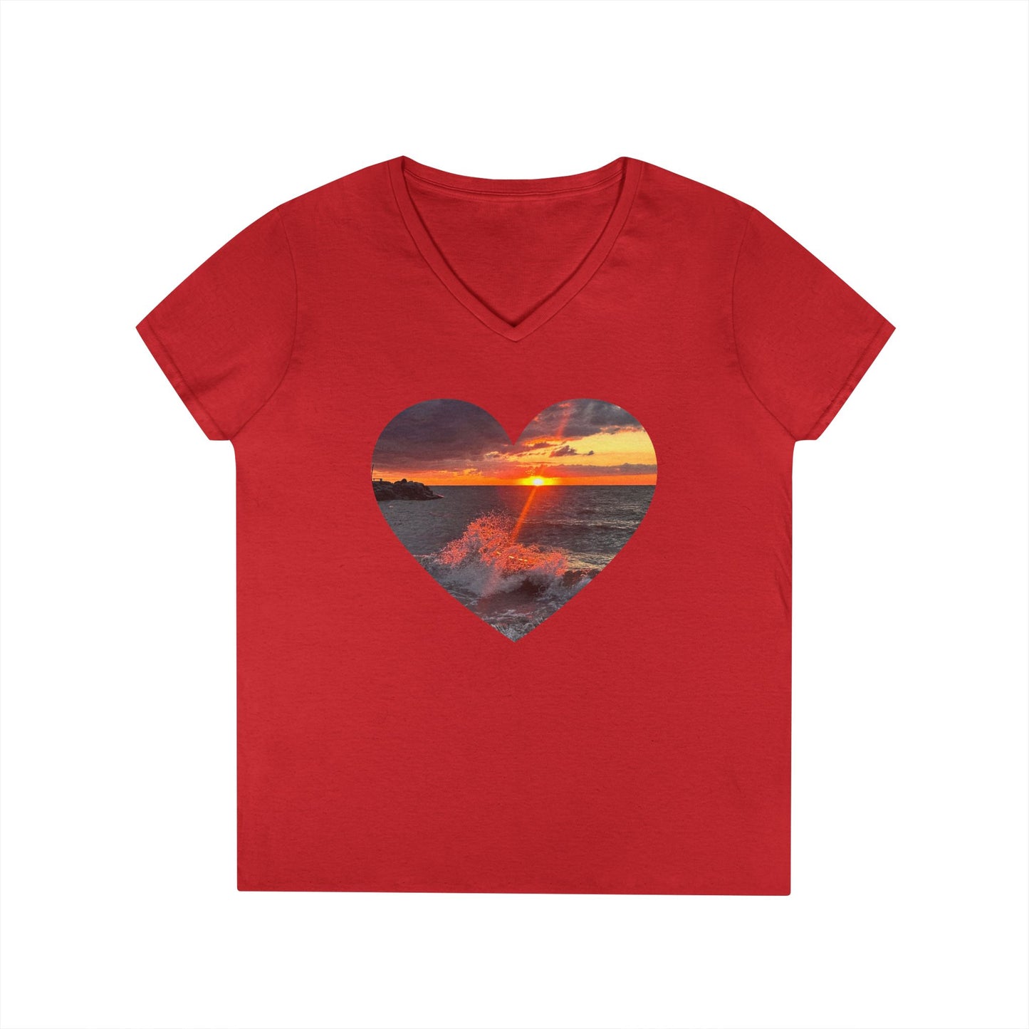 Ladies' Cotton V-Neck T-Shirt • "Fiery Splash at Avon Lake" Photo in Heart • 10 color fabric choices