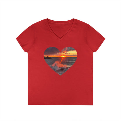 Ladies' Cotton V-Neck T-Shirt • "Fiery Splash at Avon Lake" Photo in Heart • 10 color fabric choices