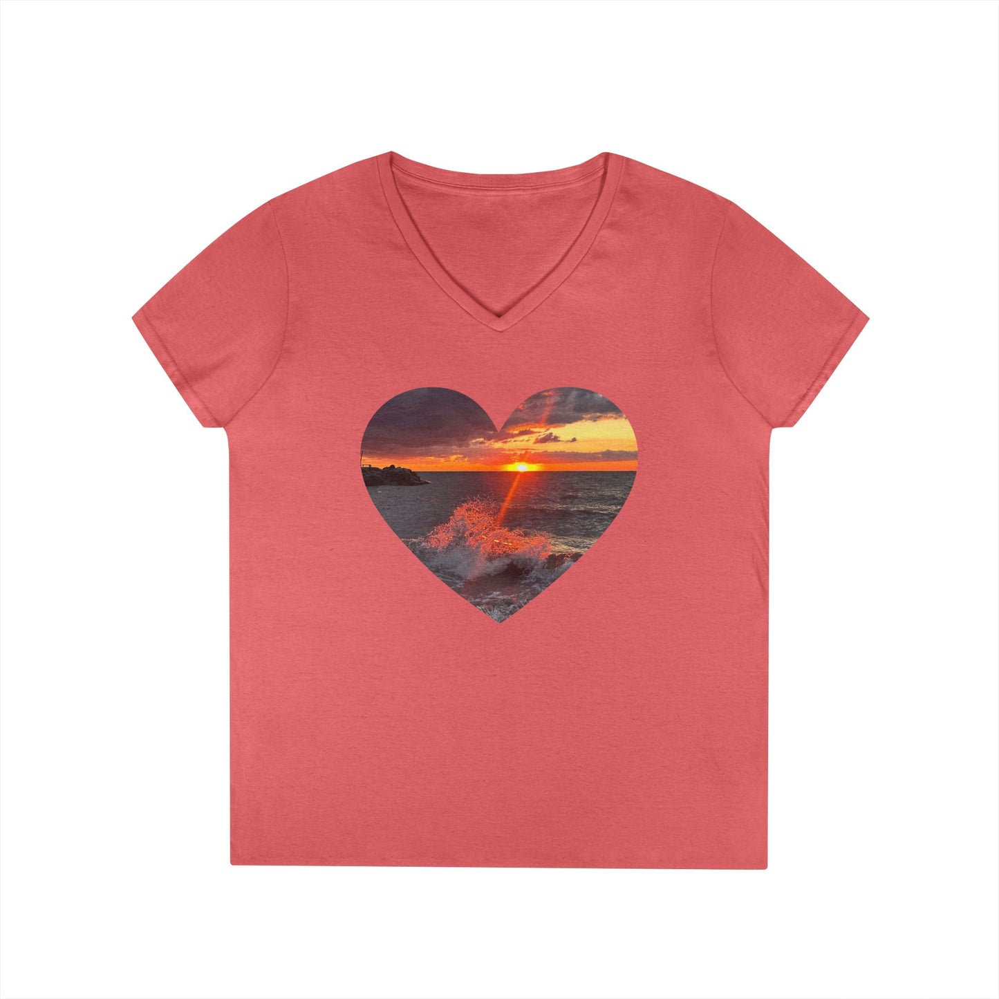 Ladies' Cotton V-Neck T-Shirt • "Fiery Splash at Avon Lake" Photo in Heart • 10 color fabric choices