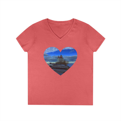 Ladies' Cotton V-Neck T-Shirt • "Breakwater Lighthouse" Photo in Heart • 10 color fabric choices