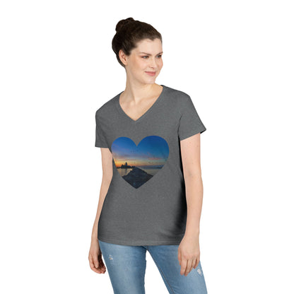 Ladies' Cotton V-Neck T-Shirt • "Breakwater Birds" Photo in Heart • 10 color fabric choices