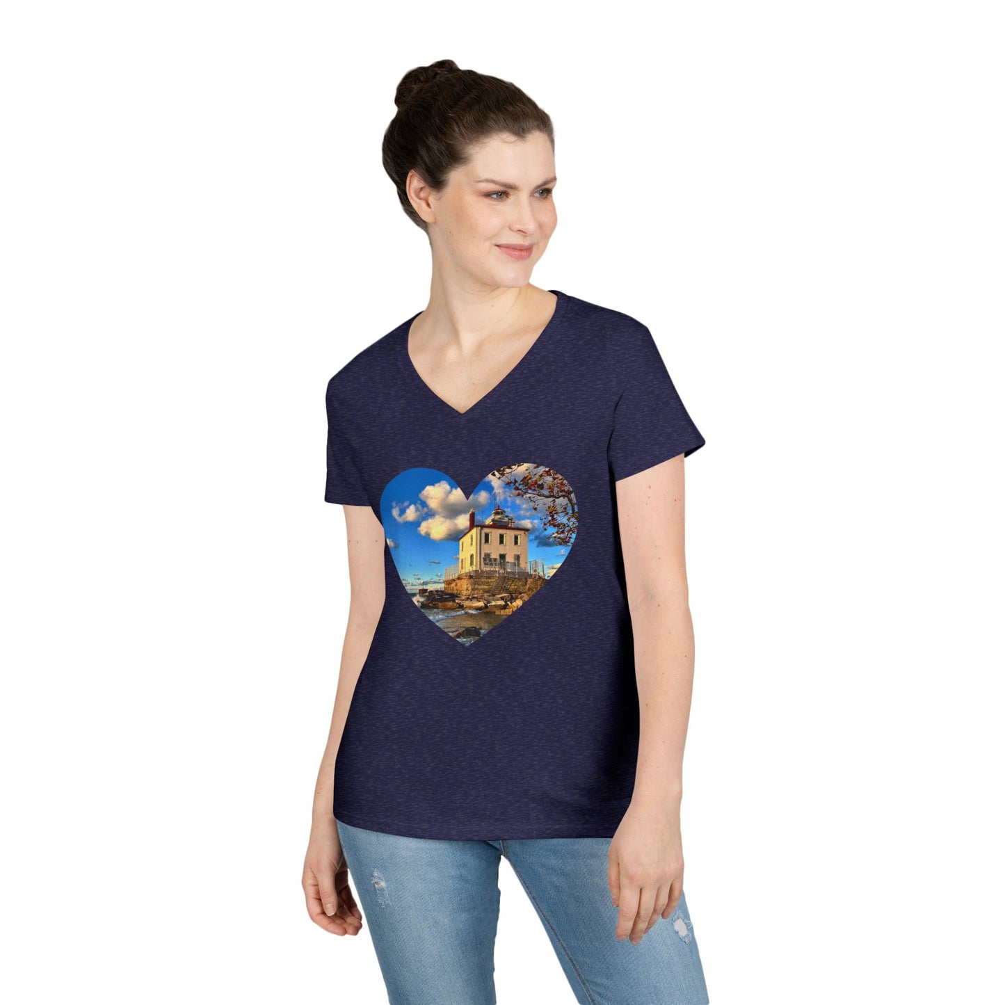 Ladies' Cotton V-Neck T-Shirt • "Fairport Harbor West Breakwater Light" Photo in Heart • 10 color fabric choices