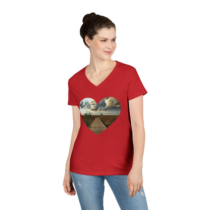 Ladies' Cotton V-Neck T-Shirt • "Boardwalk to Erie" Photo in Heart • 10 color fabric choices