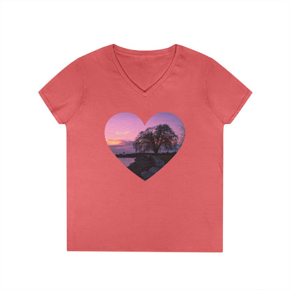 Ladies' Cotton V-Neck T-Shirt • "Willow at Edgewater" Photo in Heart • 10 color fabric choices