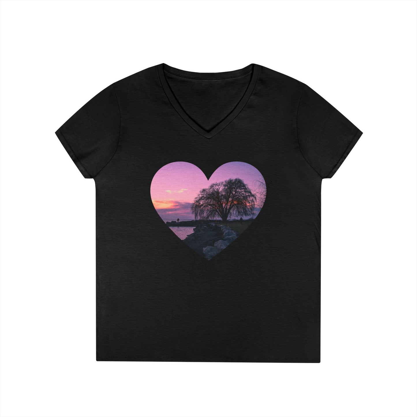 Ladies' Cotton V-Neck T-Shirt • "Willow at Edgewater" Photo in Heart • 10 color fabric choices