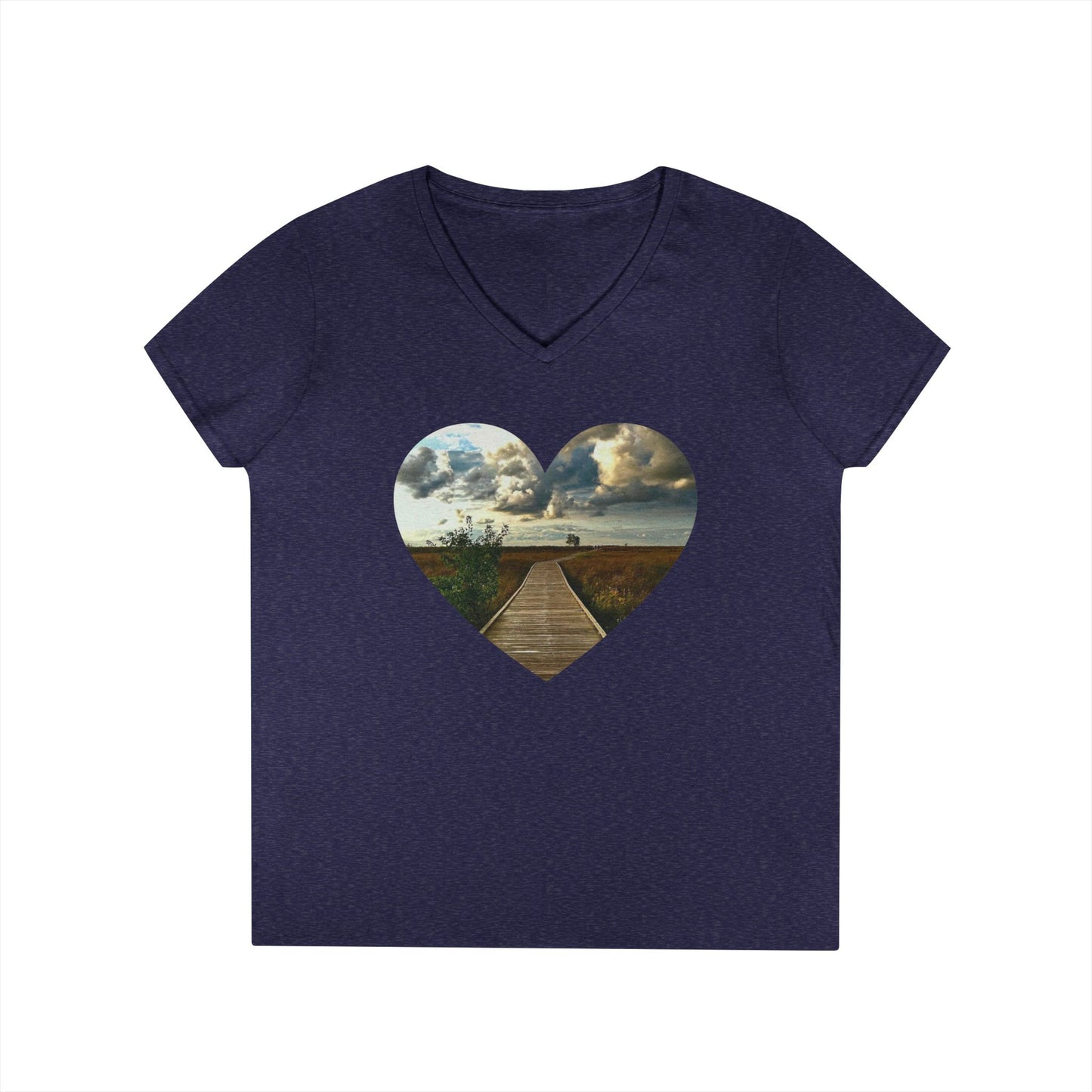 Ladies' Cotton V-Neck T-Shirt • "Boardwalk to Erie" Photo in Heart • 10 color fabric choices