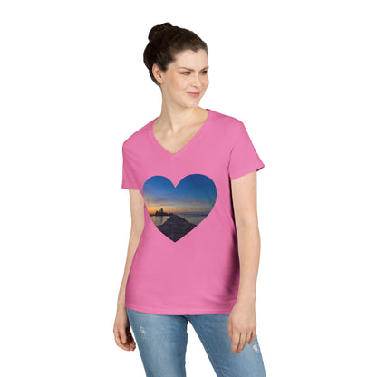 Ladies' Cotton V-Neck T-Shirt • "Breakwater Birds" Photo in Heart • 10 color fabric choices