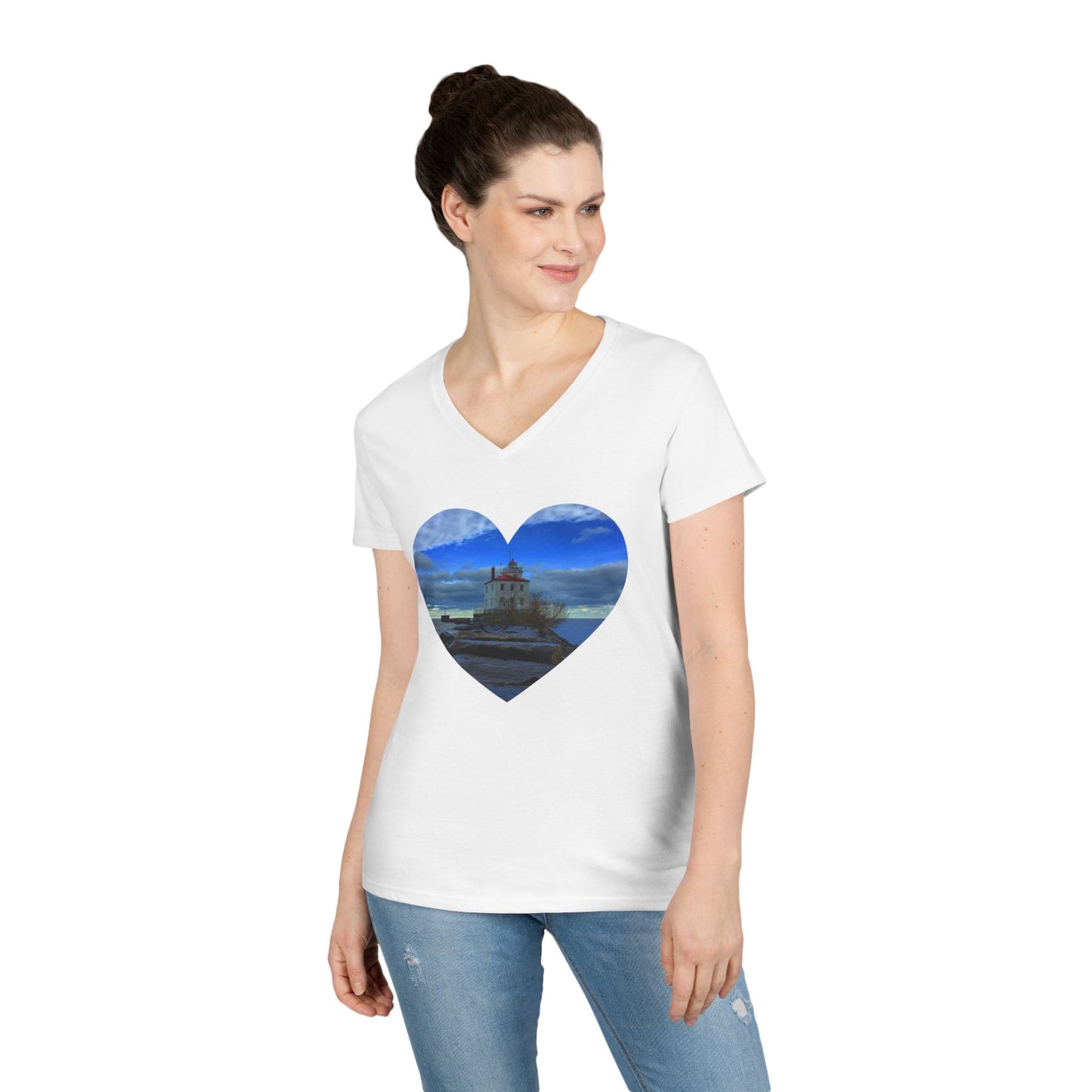 Ladies' Cotton V-Neck T-Shirt • "Breakwater Lighthouse" Photo in Heart • 10 color fabric choices