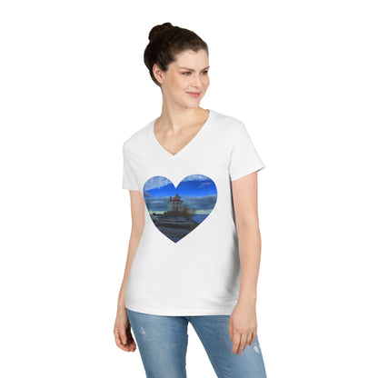 Ladies' Cotton V-Neck T-Shirt • "Breakwater Lighthouse" Photo in Heart • 10 color fabric choices