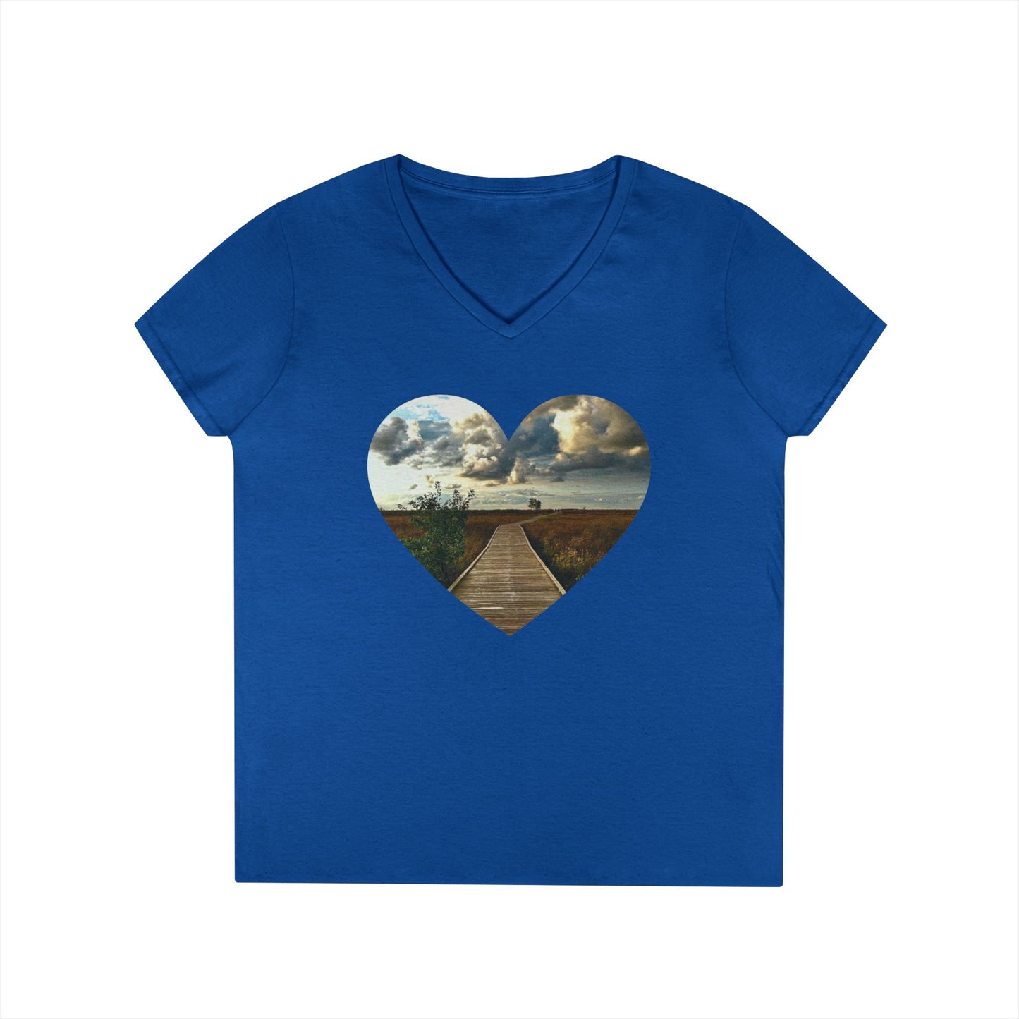 Ladies' Cotton V-Neck T-Shirt • "Boardwalk to Erie" Photo in Heart • 10 color fabric choices