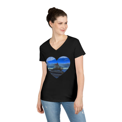 Ladies' Cotton V-Neck T-Shirt • "Breakwater Lighthouse" Photo in Heart • 10 color fabric choices