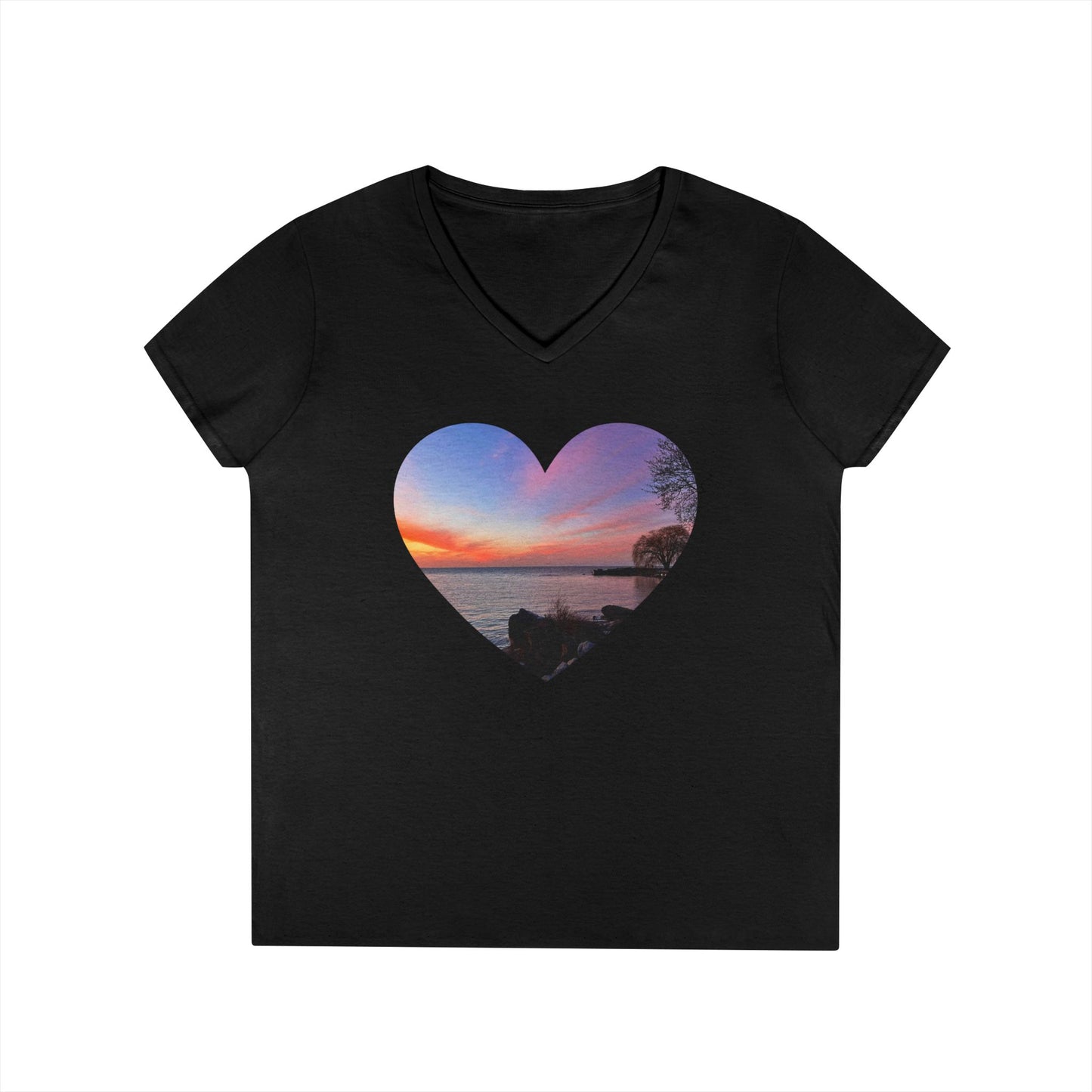 Ladies' Cotton V-Neck T-Shirt • "Sunset Orange" Photo in Heart • 10 color fabric choices