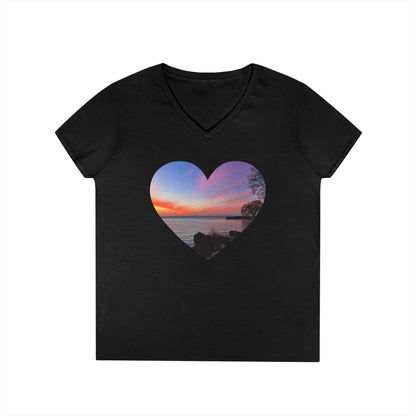 Ladies' Cotton V-Neck T-Shirt • "Sunset Orange" Photo in Heart • 10 color fabric choices