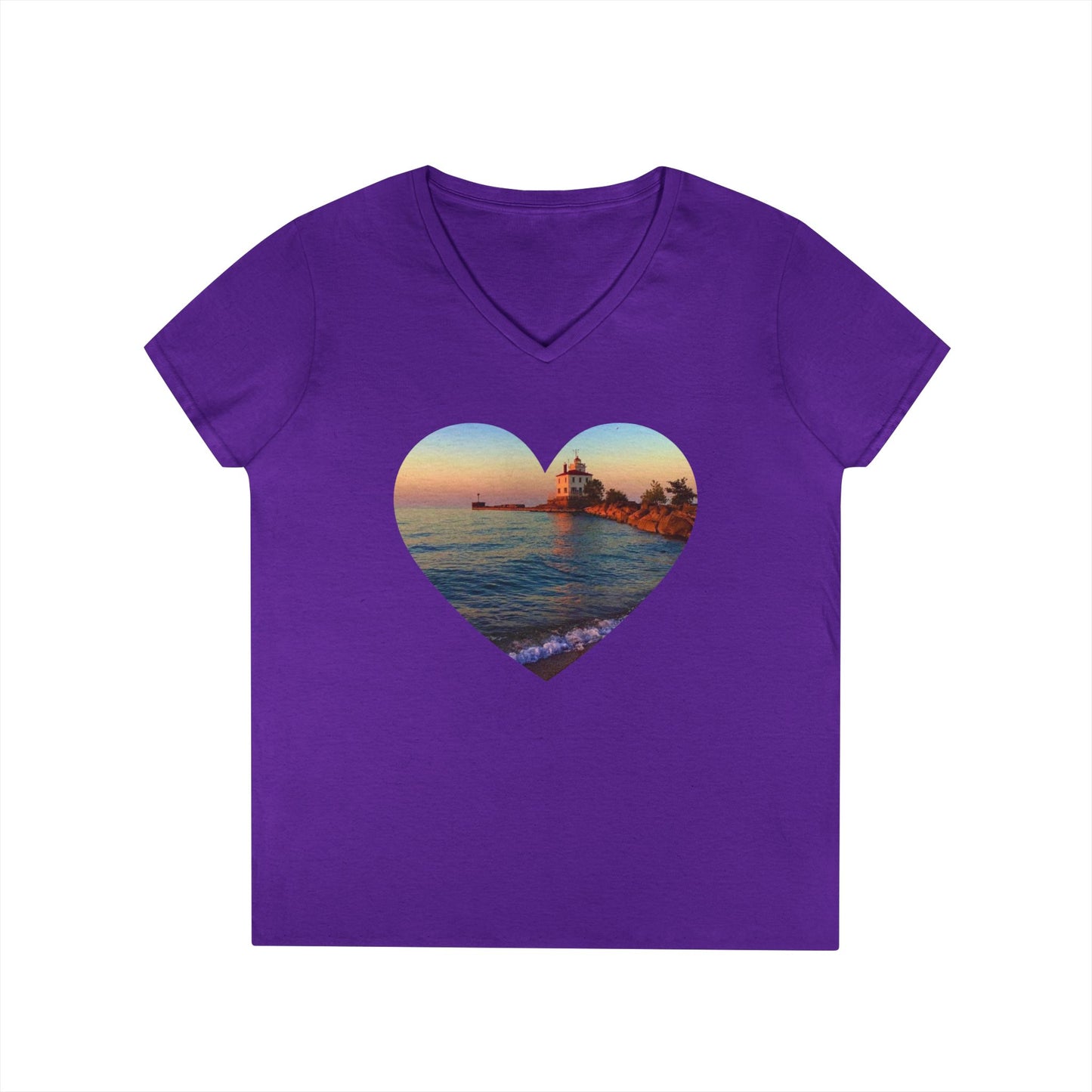 Ladies' Cotton V-Neck T-Shirt • "Lighthouse Glow" Photo in Heart • 10 color fabric choices