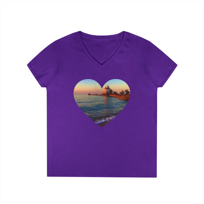 Ladies' Cotton V-Neck T-Shirt • "Lighthouse Glow" Photo in Heart • 10 color fabric choices
