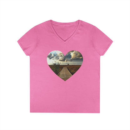 Ladies' Cotton V-Neck T-Shirt • "Boardwalk to Erie" Photo in Heart • 10 color fabric choices