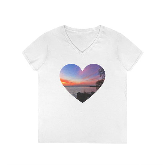 Ladies' Cotton V-Neck T-Shirt • "Sunset Orange" Photo in Heart • 10 color fabric choices