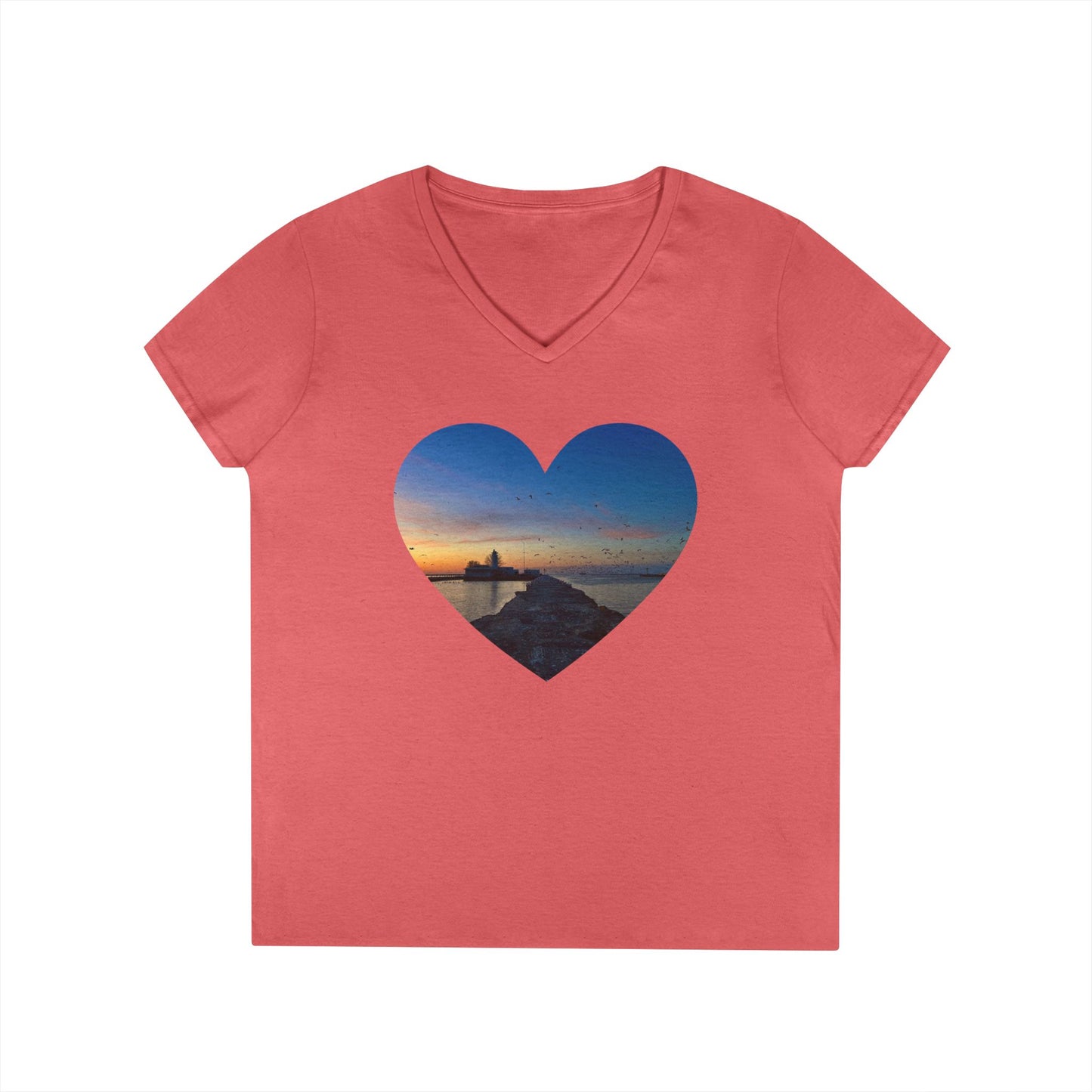 Ladies' Cotton V-Neck T-Shirt • "Breakwater Birds" Photo in Heart • 10 color fabric choices