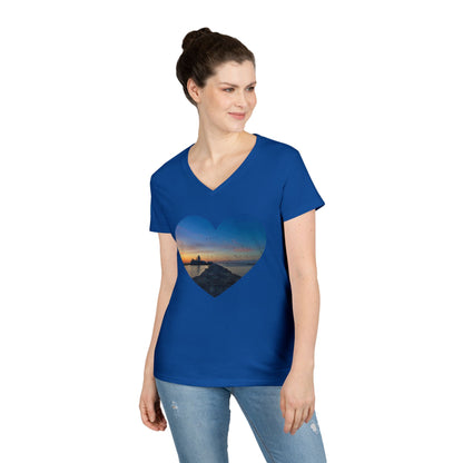 Ladies' Cotton V-Neck T-Shirt • "Breakwater Birds" Photo in Heart • 10 color fabric choices