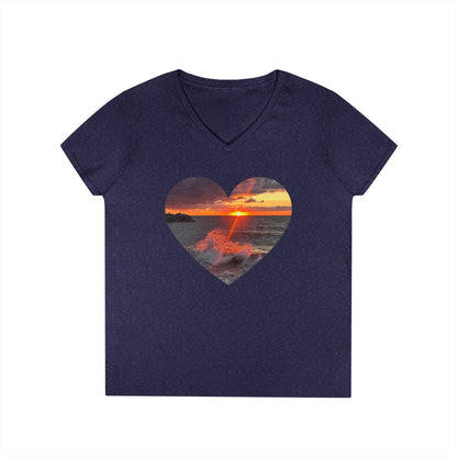 Ladies' Cotton V-Neck T-Shirt • "Fiery Splash at Avon Lake" Photo in Heart • 10 color fabric choices