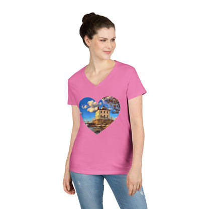 Ladies' Cotton V-Neck T-Shirt • "Fairport Harbor West Breakwater Light" Photo in Heart • 10 color fabric choices